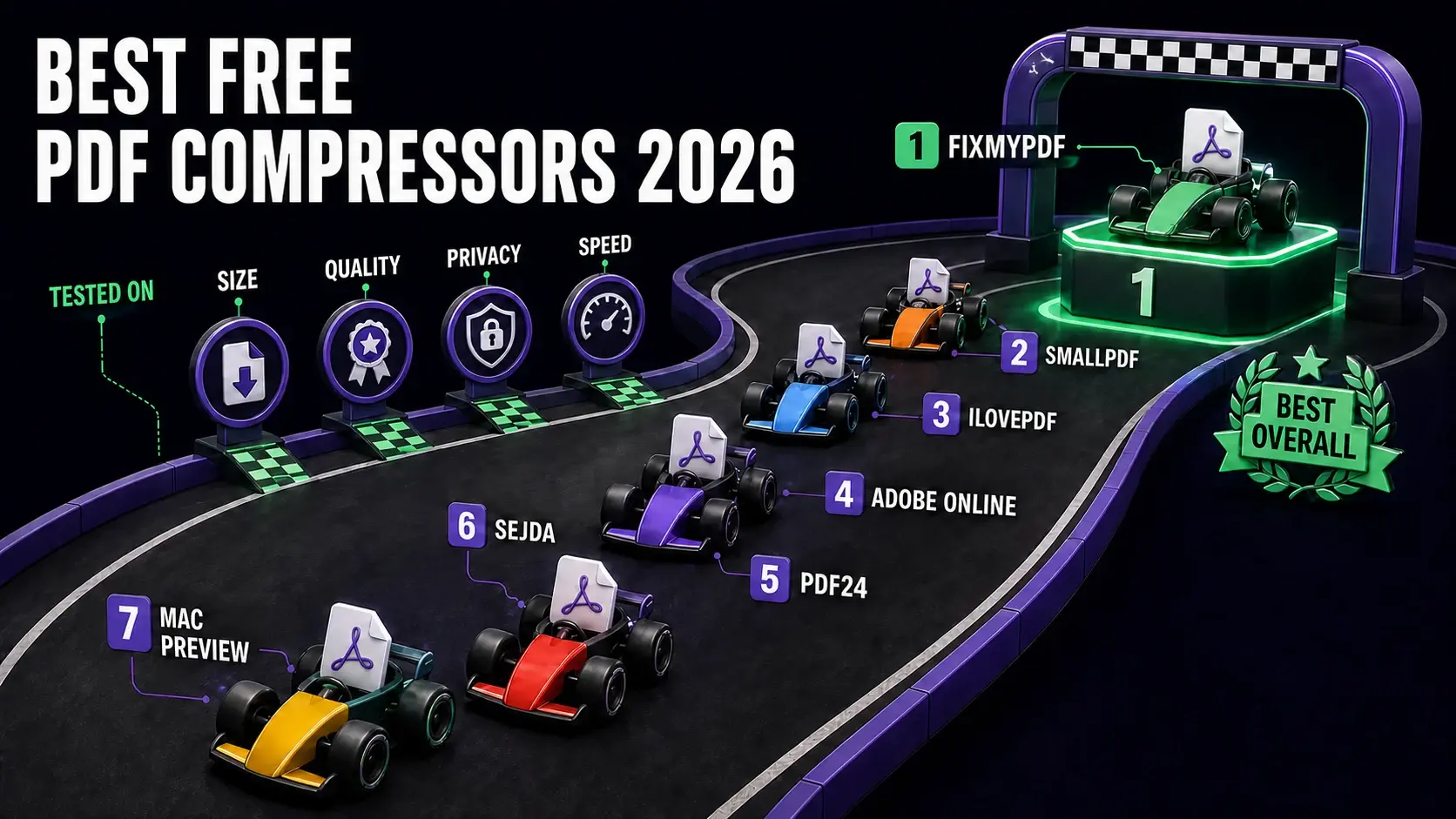 Best free PDF compressors 2026 racetrack infographic ranking FixMyPDF, Smallpdf, iLovePDF, Adobe Online, PDF24, Sejda, and Mac Preview