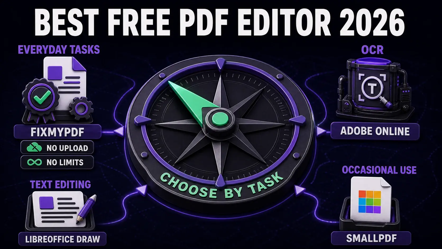 Best free PDF editor 2026 infographic comparing FixMyPDF for everyday tasks, Adobe Online for OCR, LibreOffice Draw for text editing, and Smallpdf for occasional use