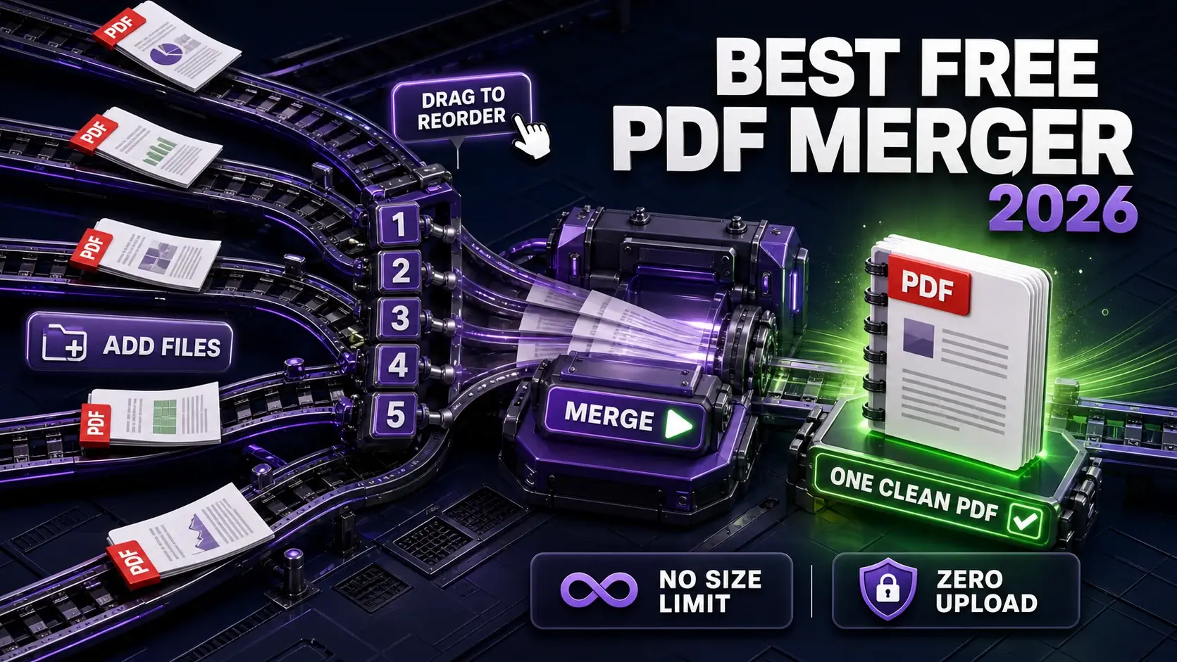 Free PDF merger infographic showing five documents reordered on tracks and assembled into one clean PDF with no size limit or upload