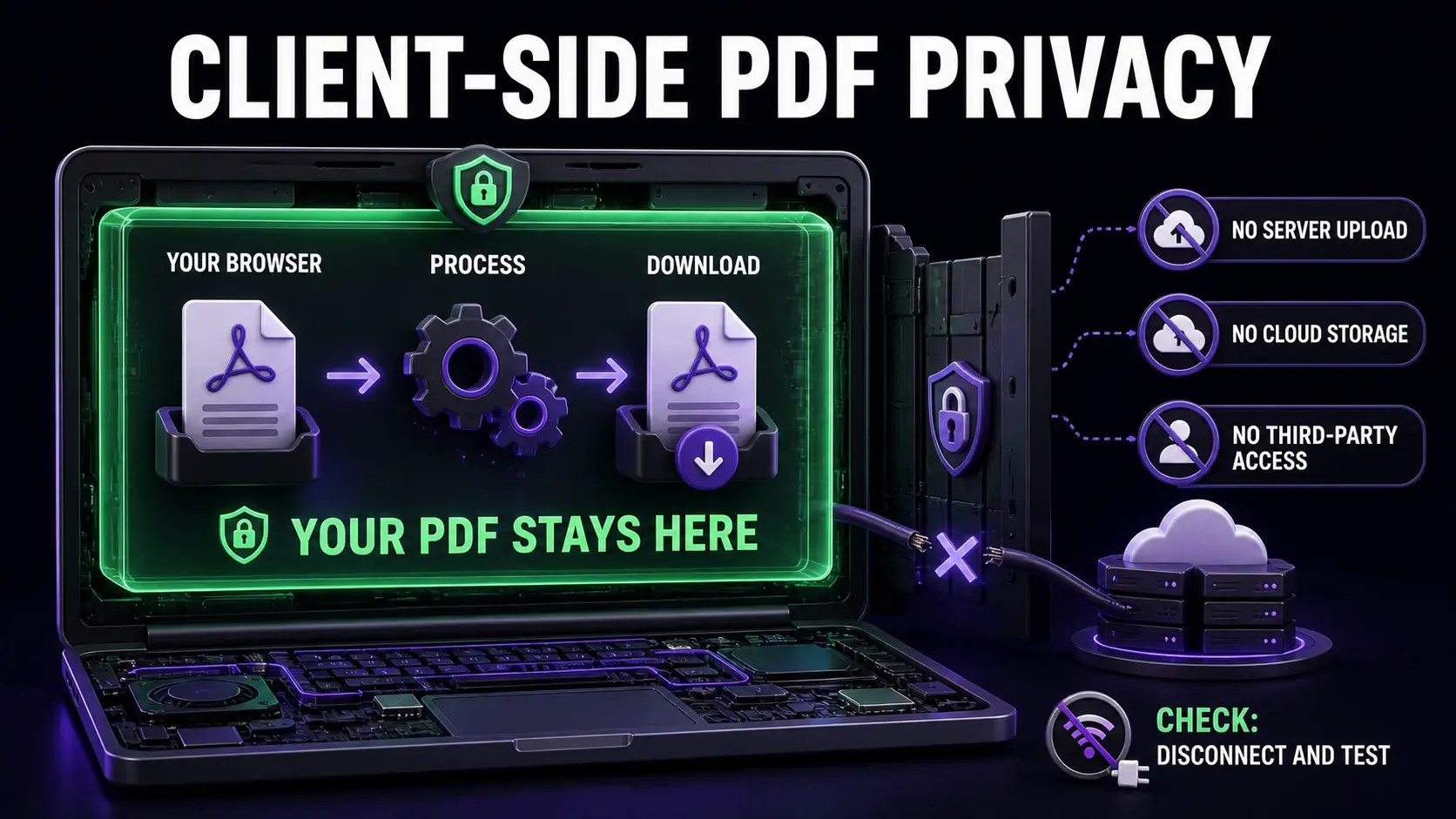 Client-side PDF privacy infographic showing PDF processing and downloading inside the browser with no server upload or cloud storage