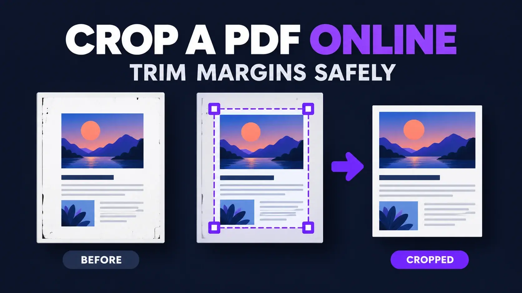 Before and after PDF pages showing a crop box trimming wide margins