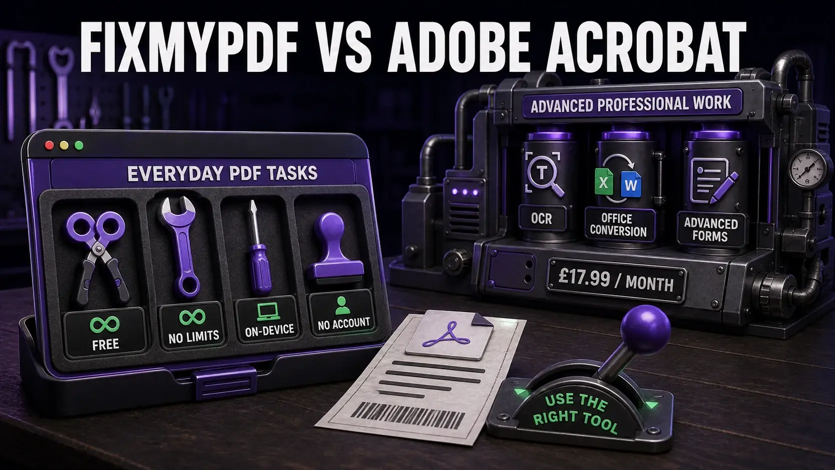FixMyPDF versus Adobe Acrobat toolbox infographic comparing free everyday PDF tasks with paid professional OCR, Office conversion, and advanced forms
