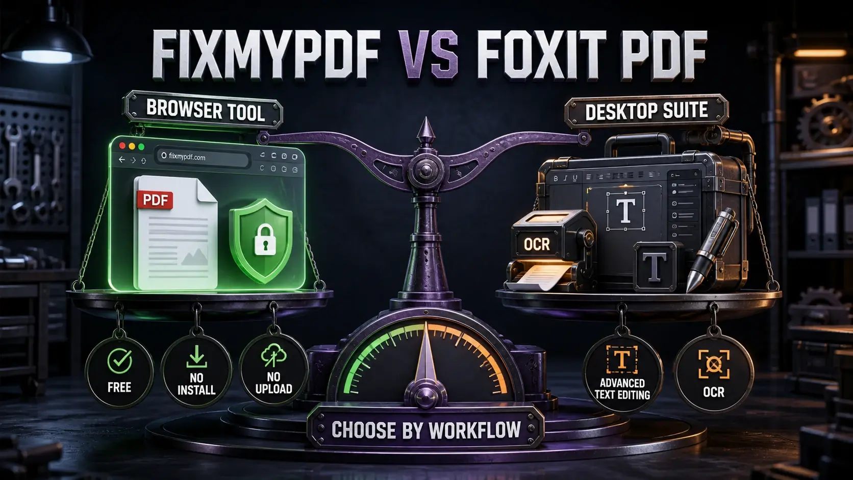 Balance-scale infographic comparing FixMyPDF as a free private browser tool with Foxit PDF as a desktop suite for OCR and advanced text editing
