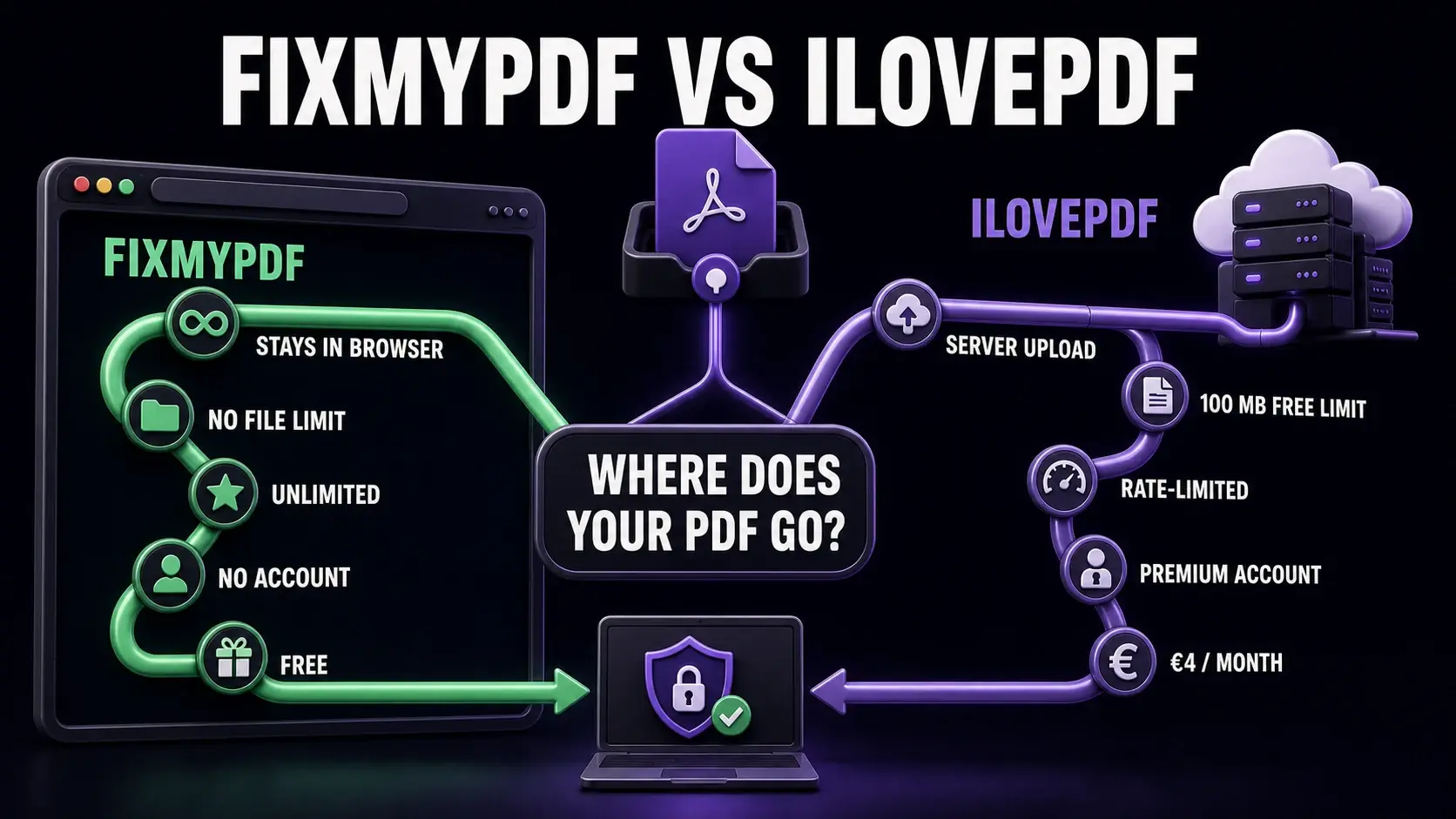 FixMyPDF versus iLovePDF data journey infographic comparing browser processing, server uploads, file limits, usage limits, accounts, and price