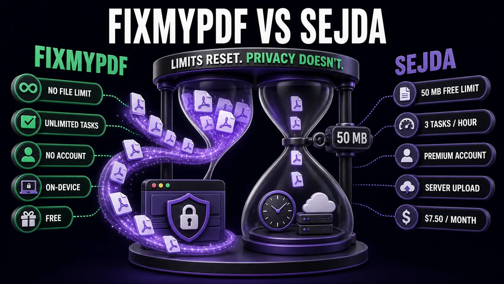 FixMyPDF versus Sejda hourglass infographic comparing file limits, hourly tasks, accounts, local processing, server uploads, and price