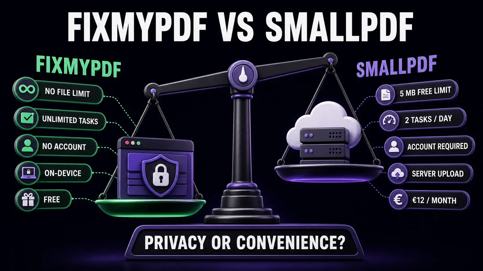 FixMyPDF versus Smallpdf comparison infographic covering file limits, daily tasks, accounts, browser processing, server uploads, and price
