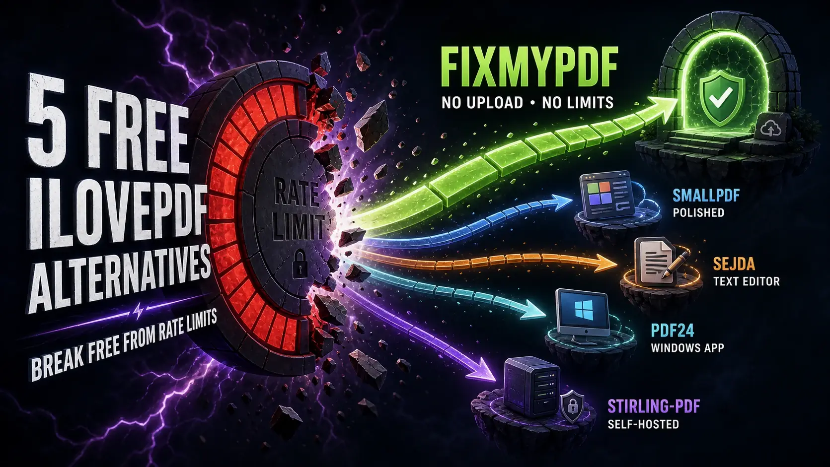 Five free iLovePDF alternatives infographic breaking through rate limits toward FixMyPDF, Smallpdf, Sejda, PDF24, and Stirling-PDF