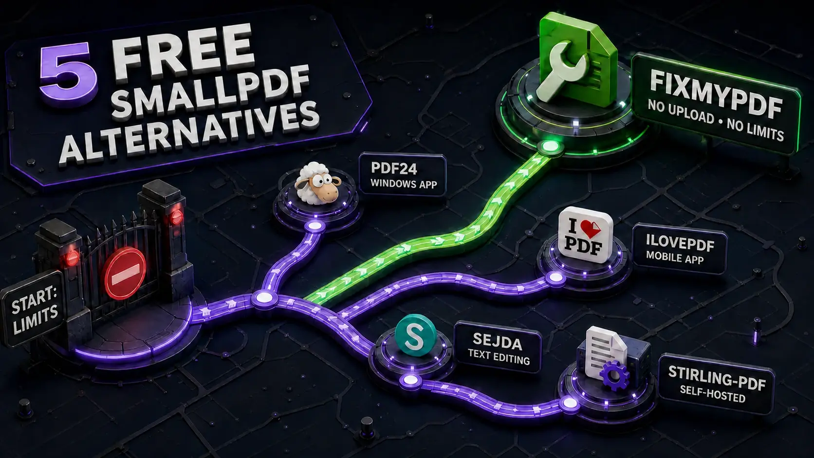 Route-map infographic of five free Smallpdf alternatives: FixMyPDF, PDF24, iLovePDF, Sejda, and Stirling-PDF