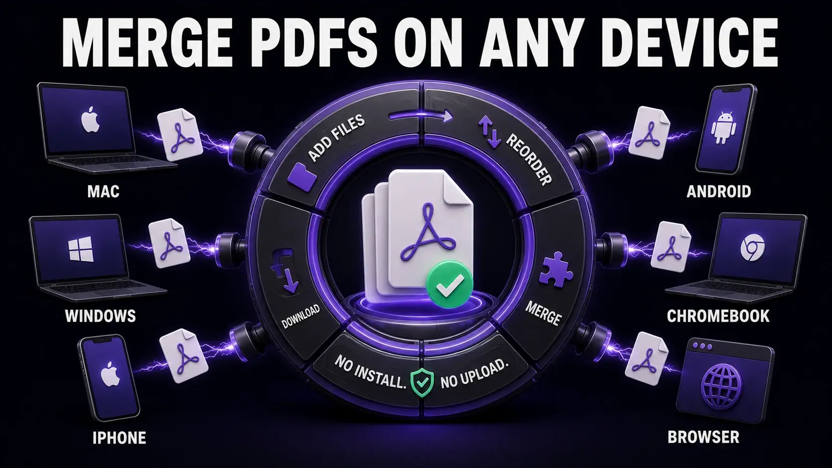 Merge PDFs on any device infographic showing Mac, Windows, iPhone, Android, Chromebook, and the add, reorder, merge, download workflow