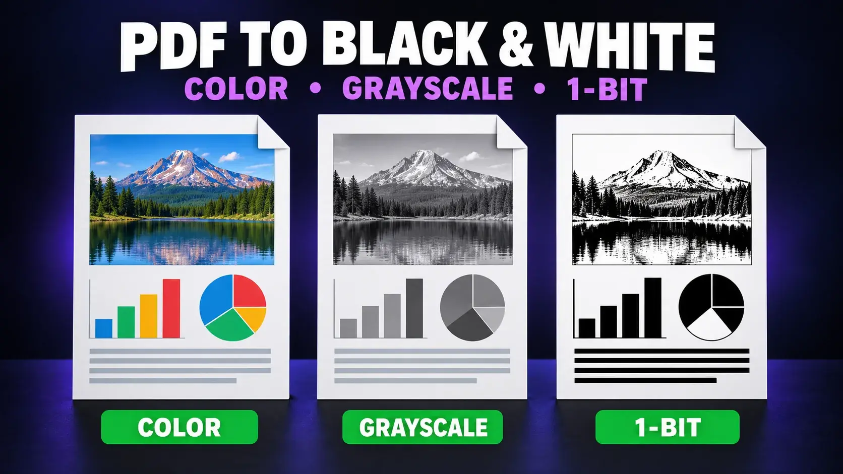 Comparison of color, grayscale, and one-bit black and white PDF pages