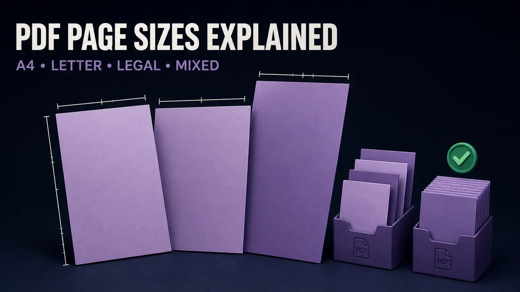 Proportional comparison of A4, US Letter and US Legal PDF pages beside mixed and normalized page stacks
