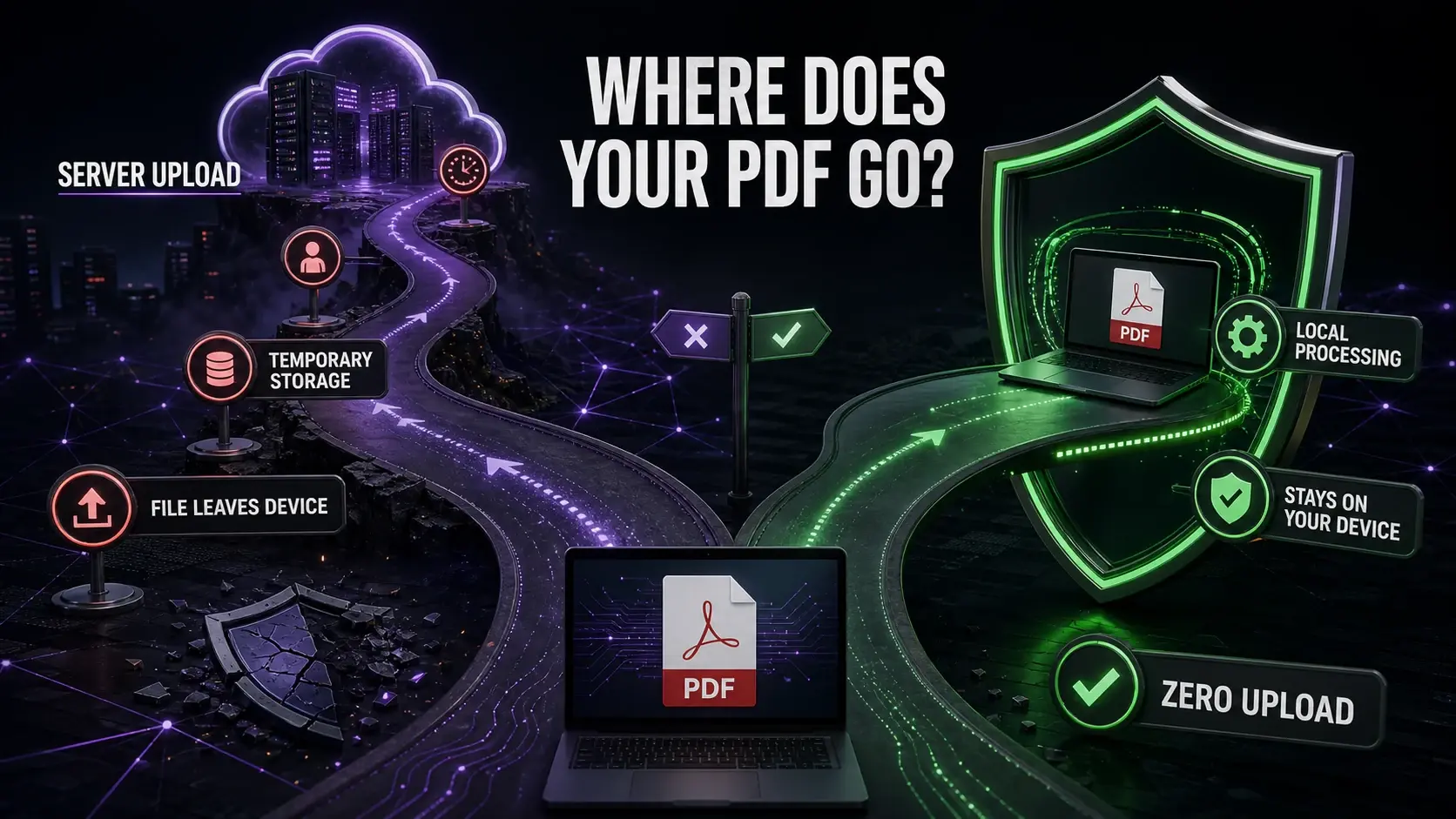PDF privacy infographic contrasting server uploads and temporary storage with local browser processing that keeps files on the device