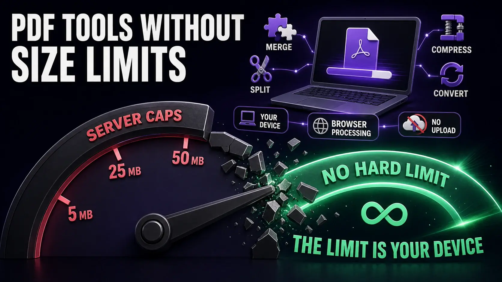 PDF tools without file-size limits infographic showing server caps broken by local browser processing on the user device