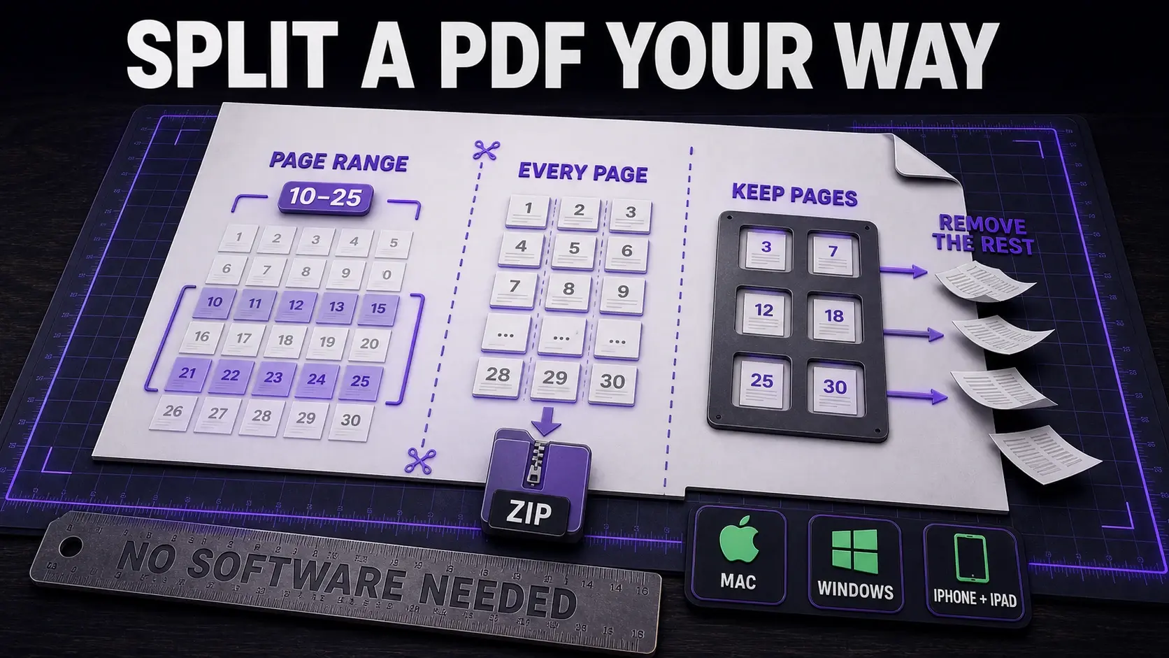 Split a PDF infographic illustrating page ranges, every page to ZIP, and keeping selected pages while removing the rest