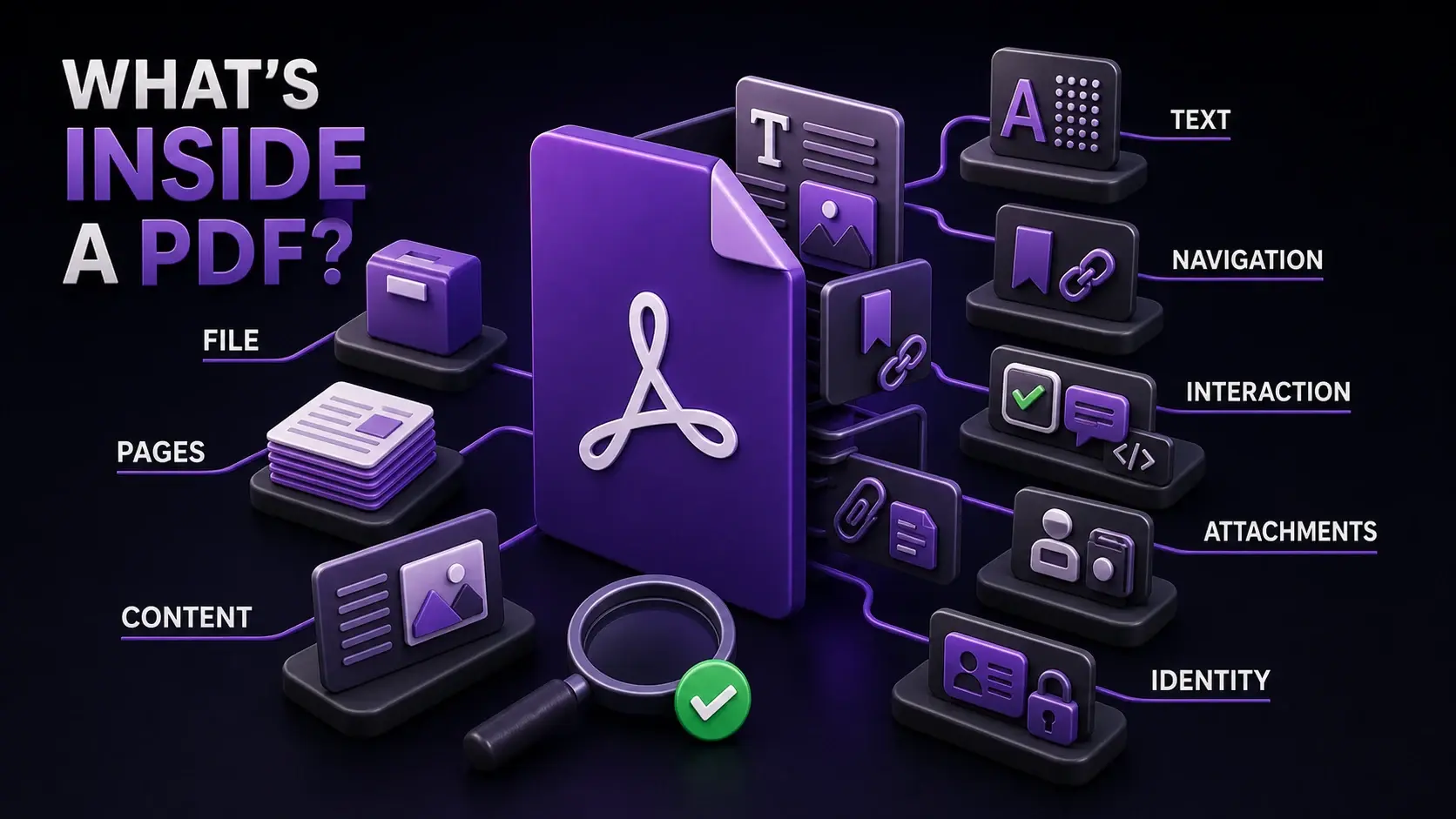 Exploded 3D PDF infographic showing file, pages, content, text, navigation, interaction, attachments and identity layers