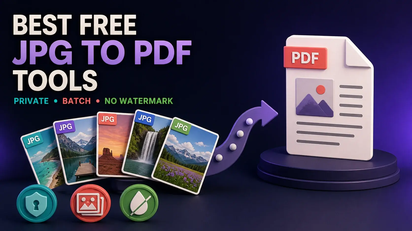 Multiple JPG photographs converting into one PDF with privacy, batch conversion and no-watermark symbols