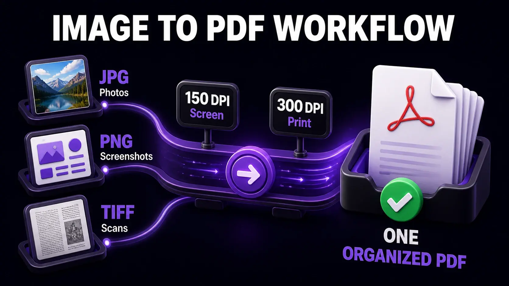 Image to PDF workflow infographic showing JPG photos, PNG screenshots, and TIFF scans converted at screen or print resolution into one PDF