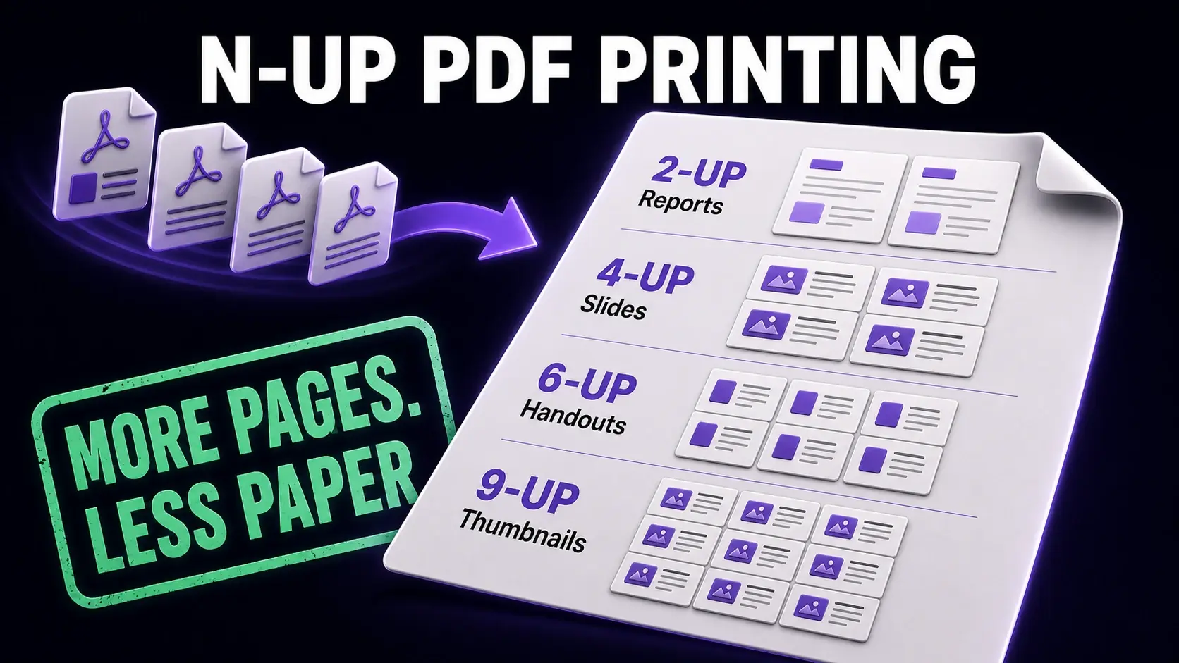 N-up PDF printing infographic showing 2-up, 4-up, 6-up, and 9-up page layouts on one printed sheet