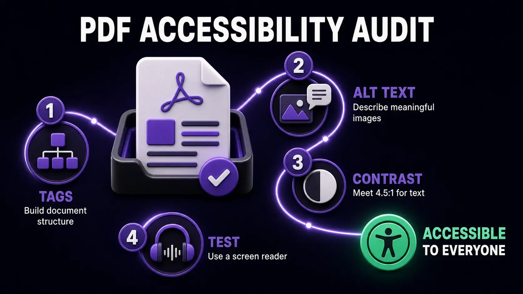 PDF accessibility audit infographic showing document tags, image alt text, text contrast, and screen reader testing