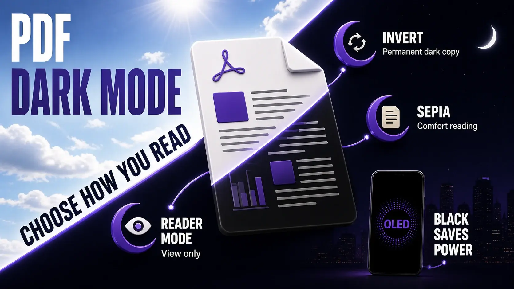 PDF dark mode infographic comparing reader mode, permanent color inversion, sepia reading, and OLED power savings