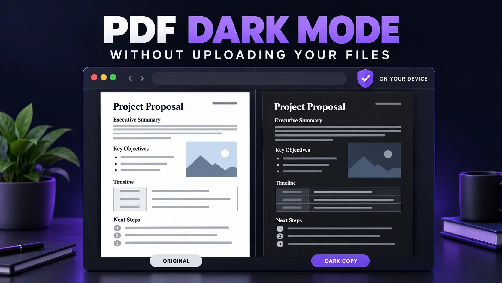 Original white PDF and dark reading copy side by side inside a browser, processed on your device