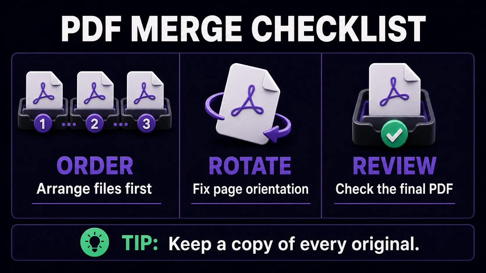 PDF merge checklist infographic showing how to arrange files, correct page orientation, and review the combined PDF