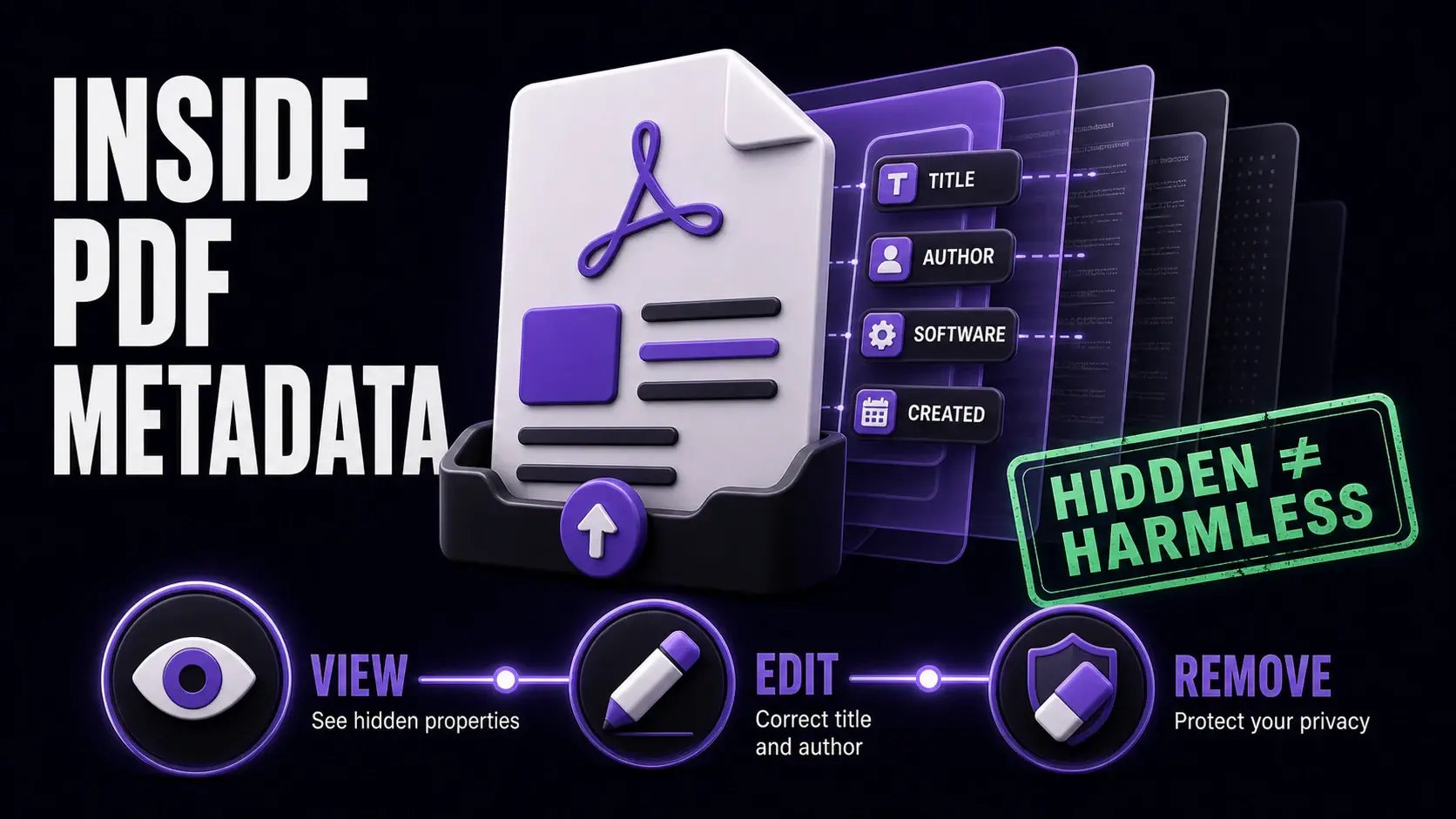 Exploded PDF metadata infographic showing hidden title, author, software, and creation properties with options to view, edit, or remove them