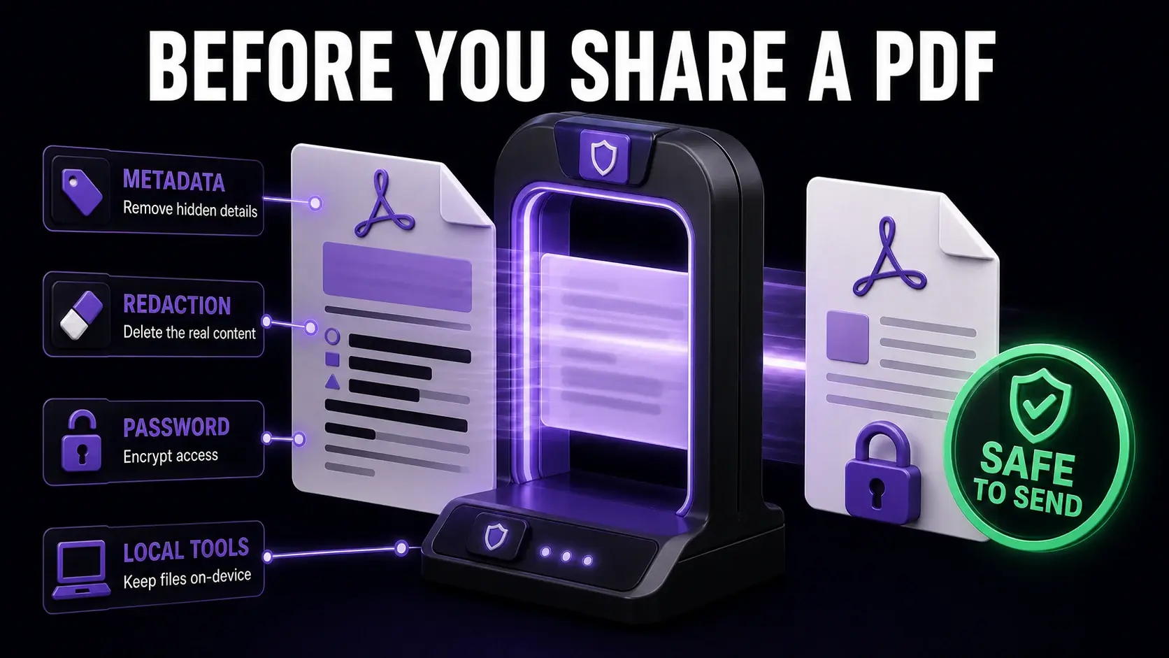 Pre-send PDF privacy scanner infographic showing metadata removal, true redaction, password encryption, and local processing