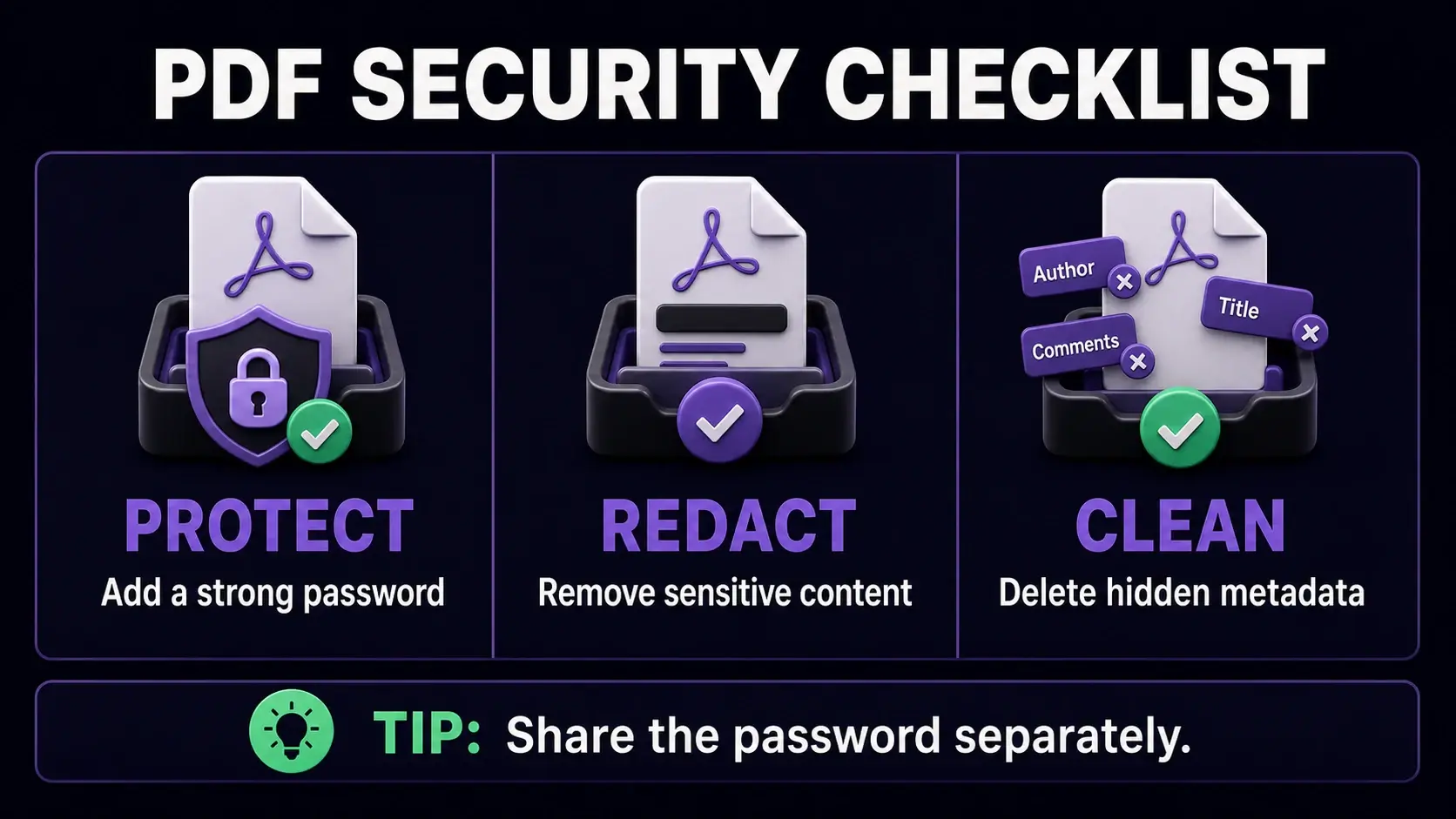 PDF security checklist infographic showing how to password protect, redact sensitive content, and remove hidden metadata
