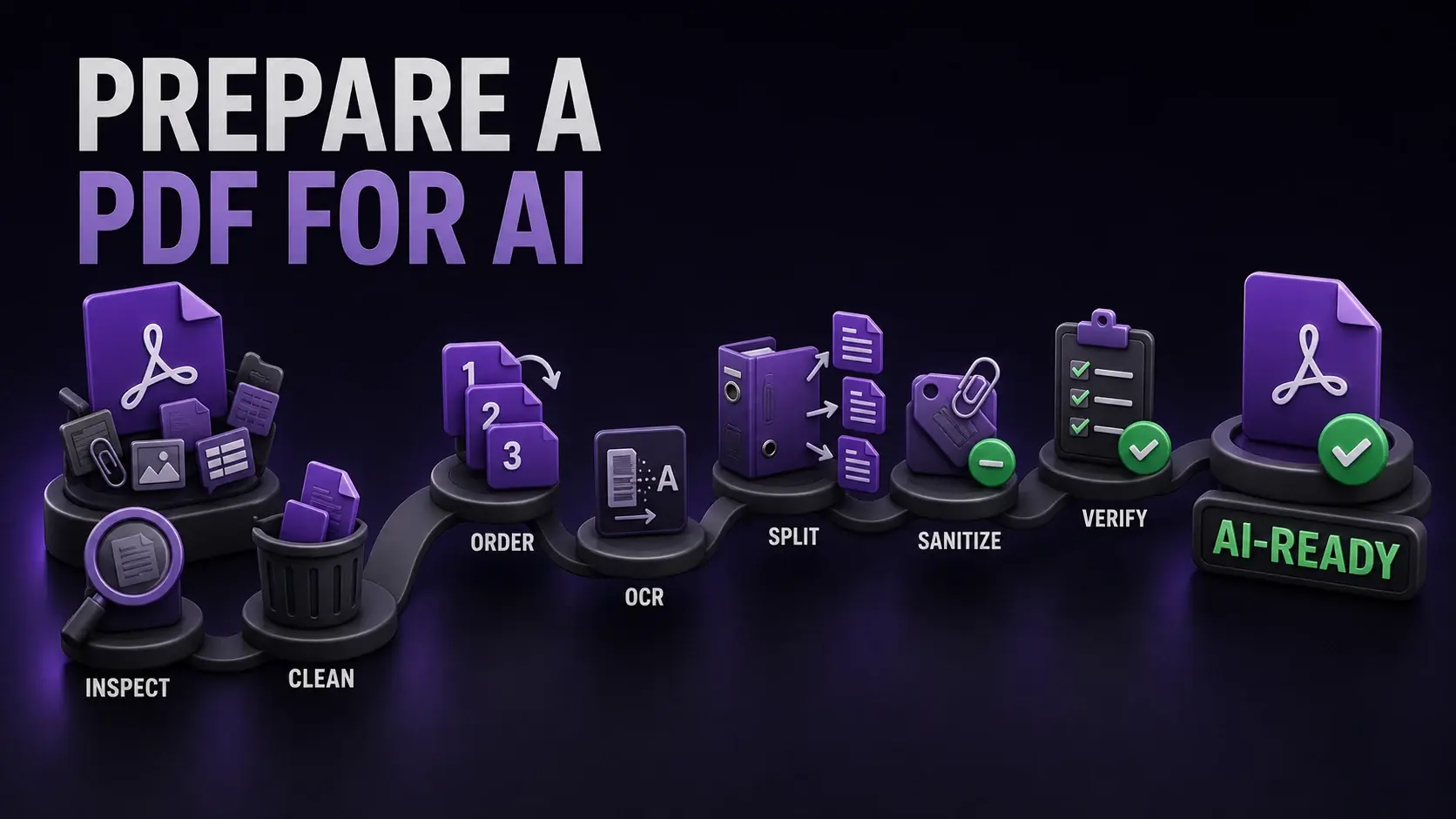 Editorial infographic showing seven steps to prepare a PDF for AI: inspect, clean, order, OCR, split, sanitize, and verify