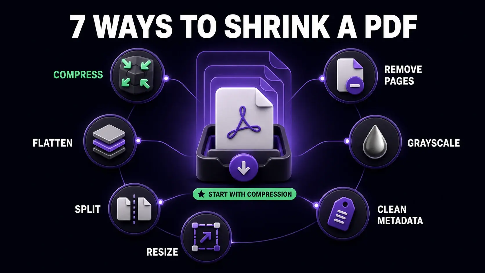 Infographic mapping seven ways to reduce PDF file size, including compression, page removal, grayscale, metadata cleaning, resizing, splitting, and flattening