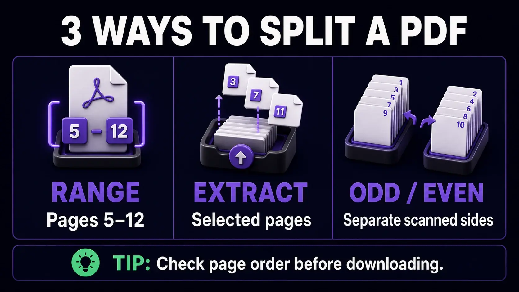 Infographic showing three ways to split a PDF: by page range, selected pages, or odd and even pages